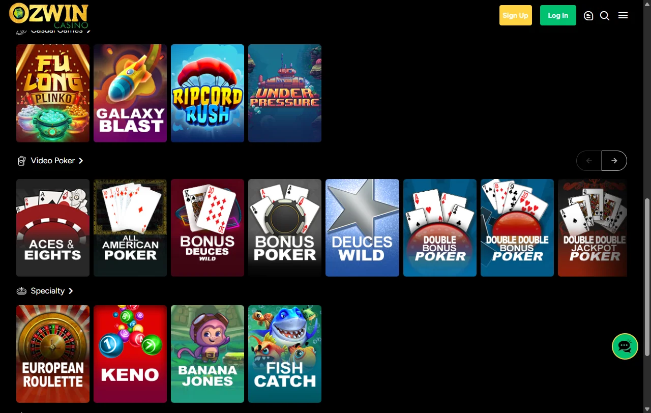 Ozwin Casino game selection, live tables, and slot variety for players