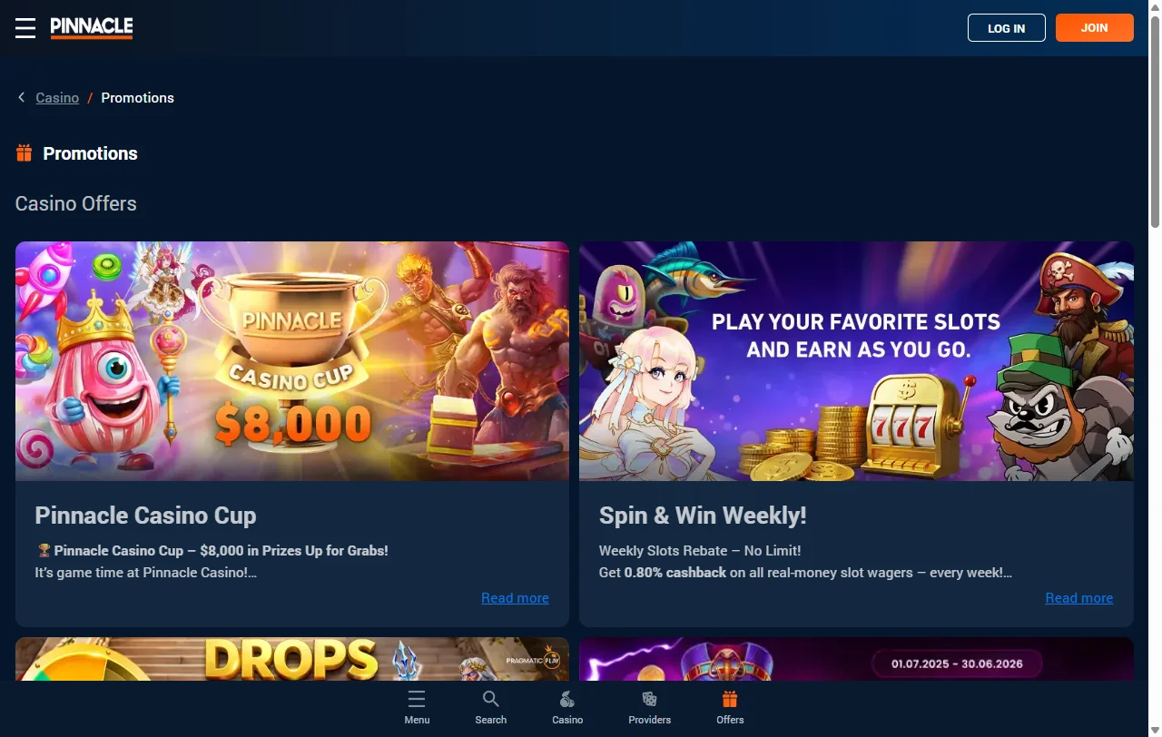 Pinnacle Casino games overview with live dealer and slot variety
