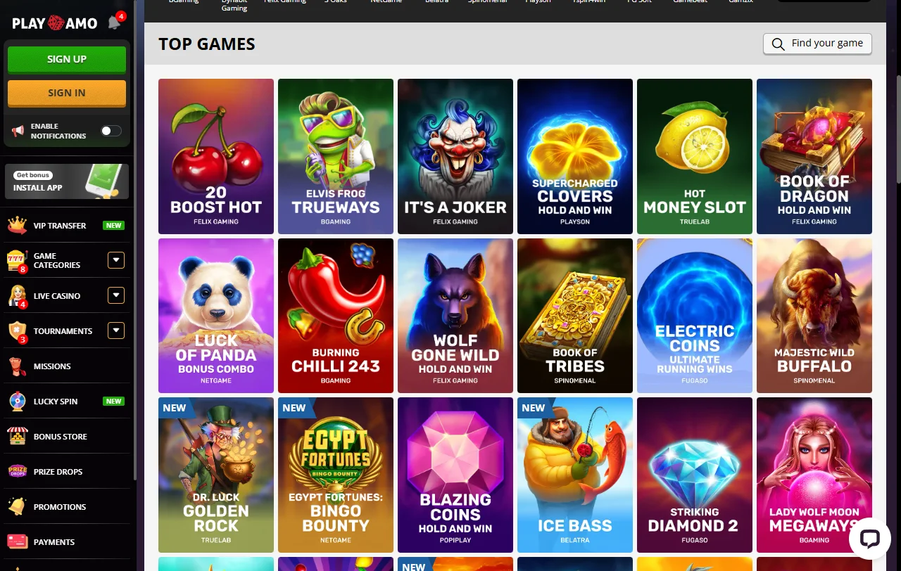 PlayAmo Casino slots and live dealer game library coverage