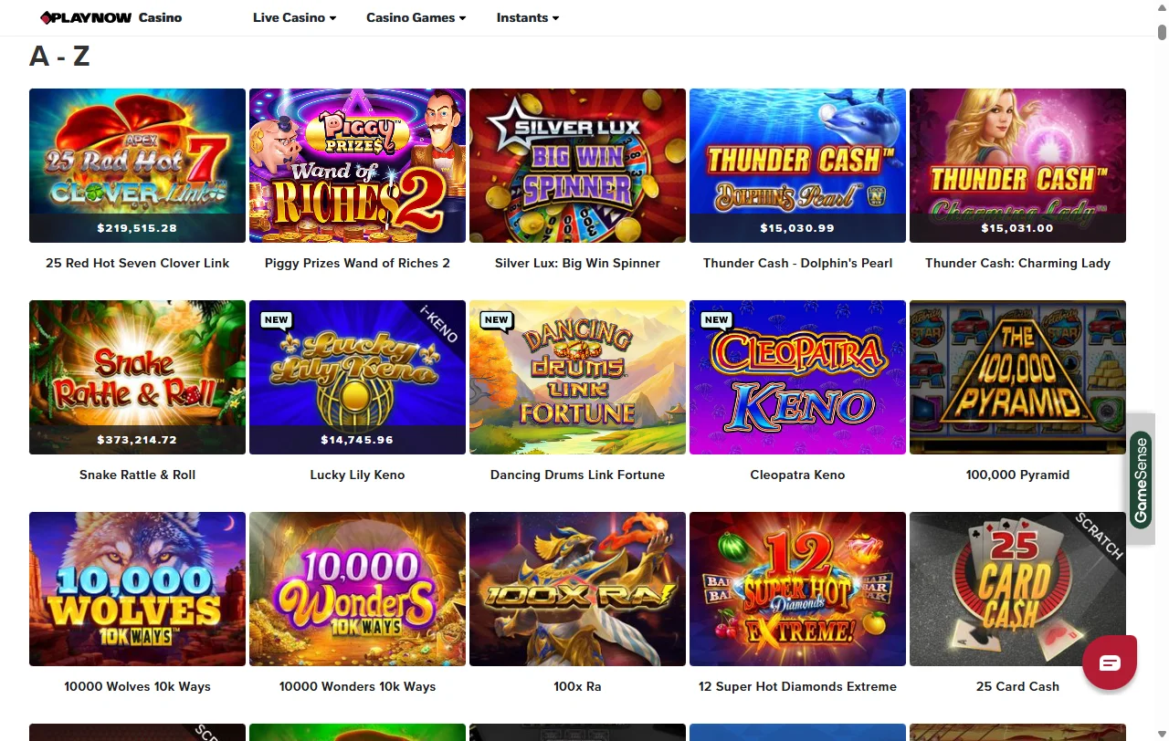 PlayNow Casino games overview with slots, tables, and live dealer content