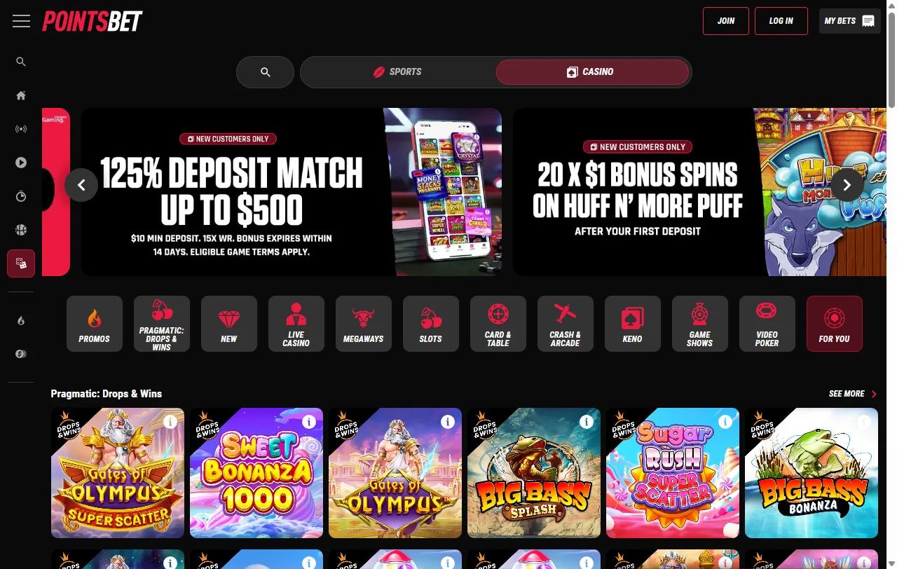 PointsBet Casino analysis of slots, live dealer tables, and provider mix