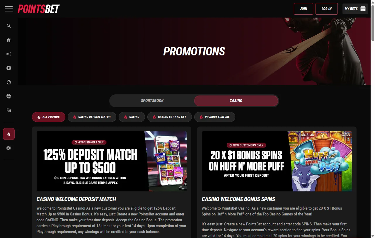 PointsBet Casino bonuses overview with welcome offers and wagering terms