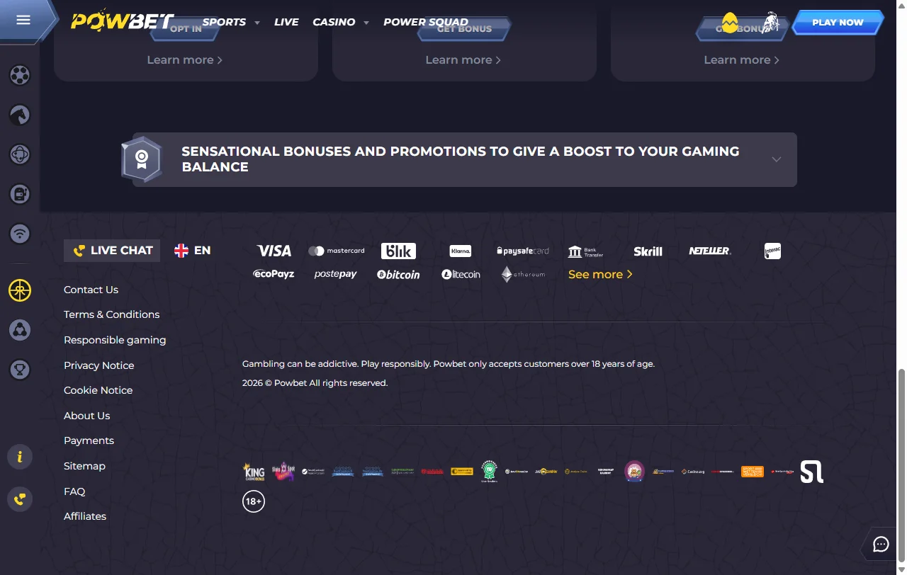 Powbet Casino game selection with slots, live dealer tables, and specialty titles
