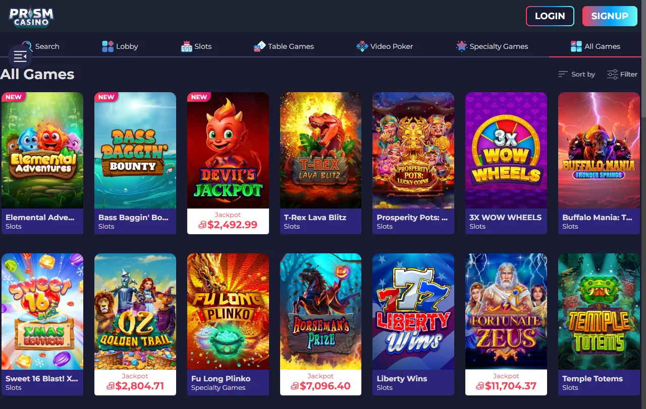 Prism Casino slots, live tables, and provider range overview