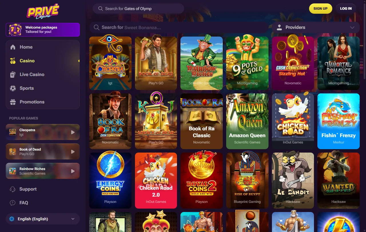 Prive Casino game selection featuring slots, live tables and specialty titles