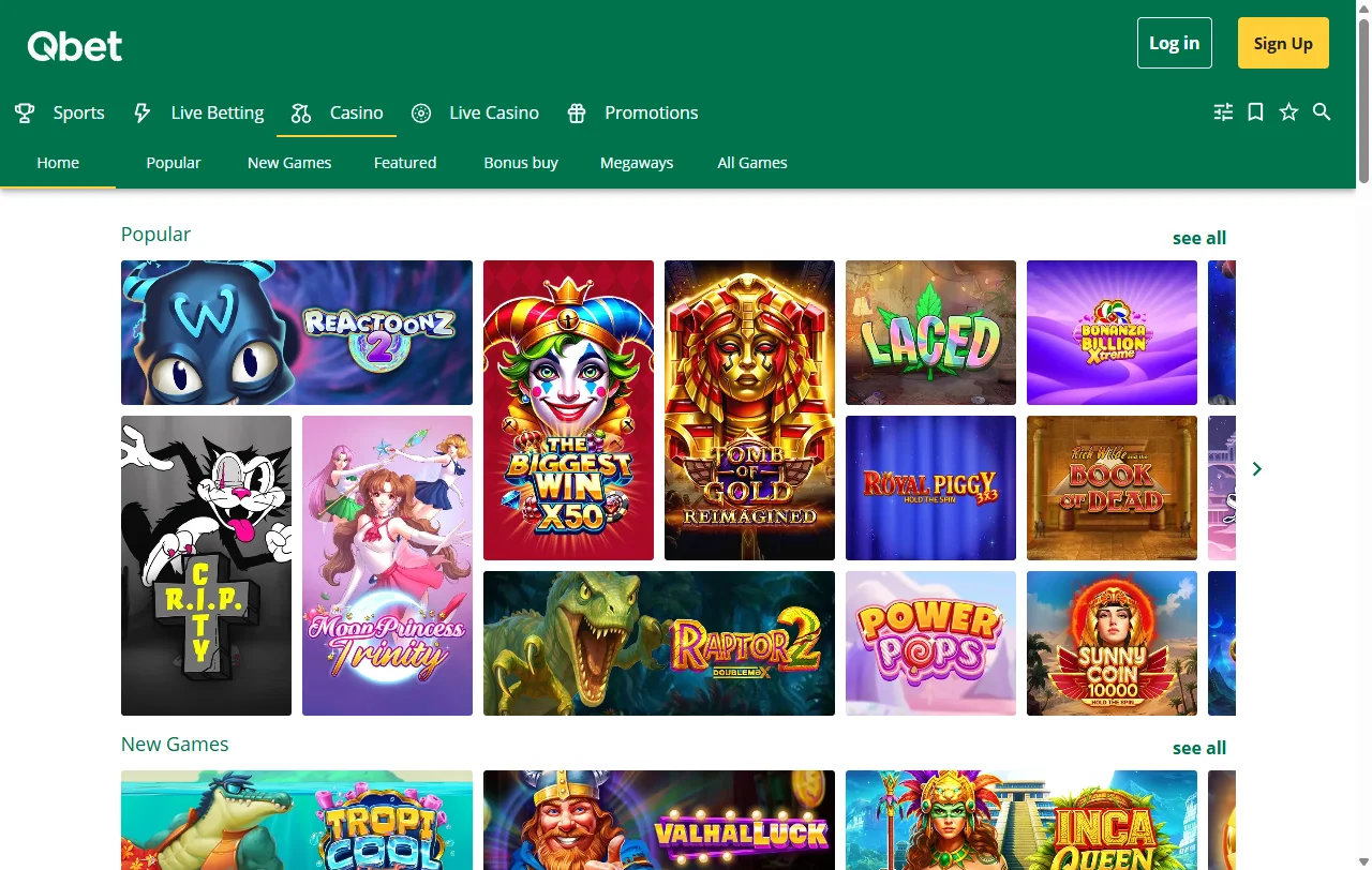 Qbet Casino slots, live tables and provider selection overview