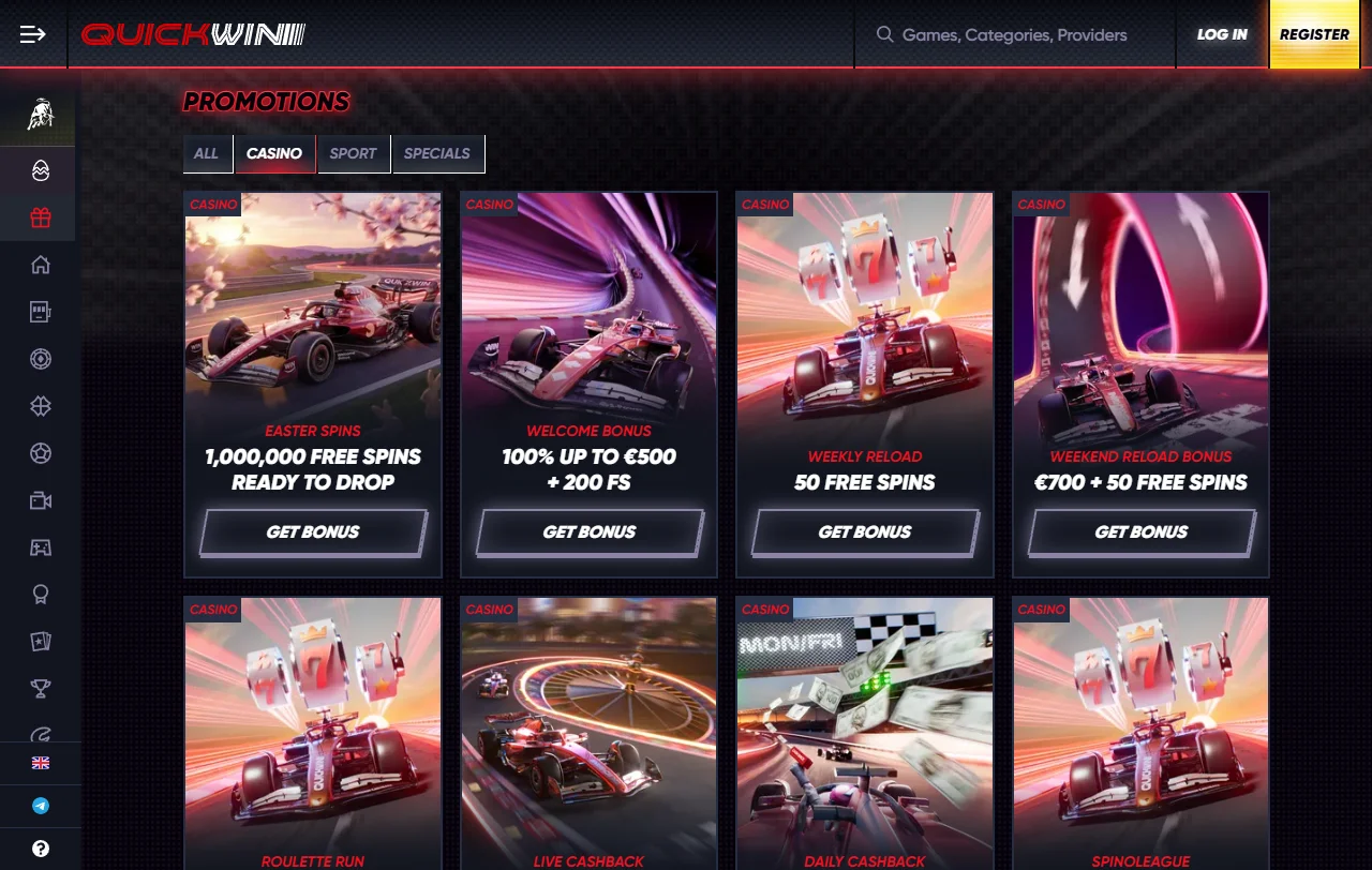 QuickWin Casino bonuses overview with welcome offer and promotion terms