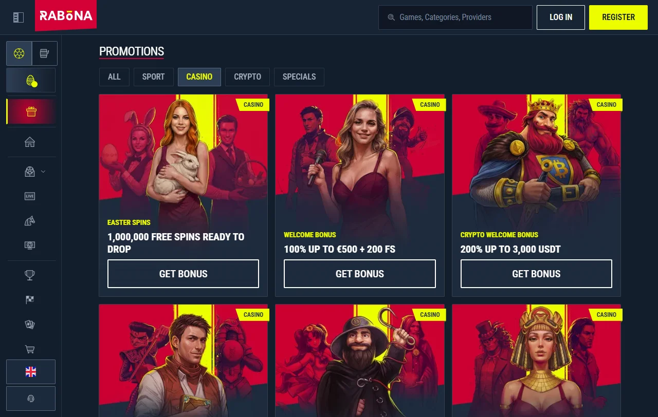 Rabona Casino game selection featuring slots, tables, and live entertainment
