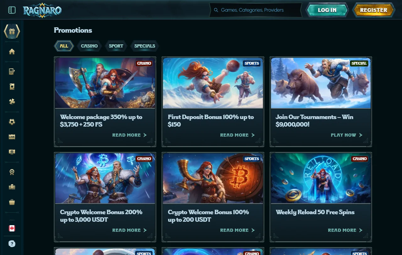 Ragnaro Casino overview of slots, live tables and providers
