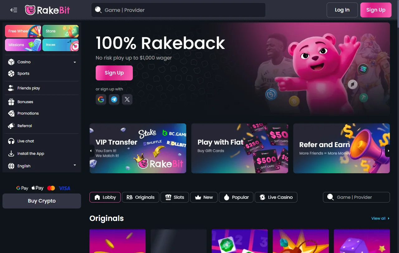 RakeBit Casino crypto lobby overview for Canadian players