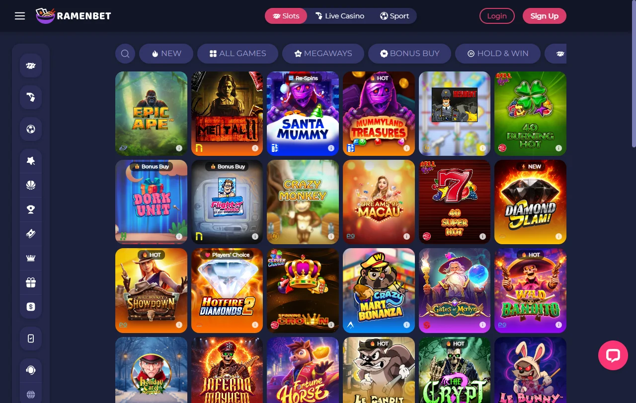 Ramenbet Casino games library with slots, live tables, and specialty titles