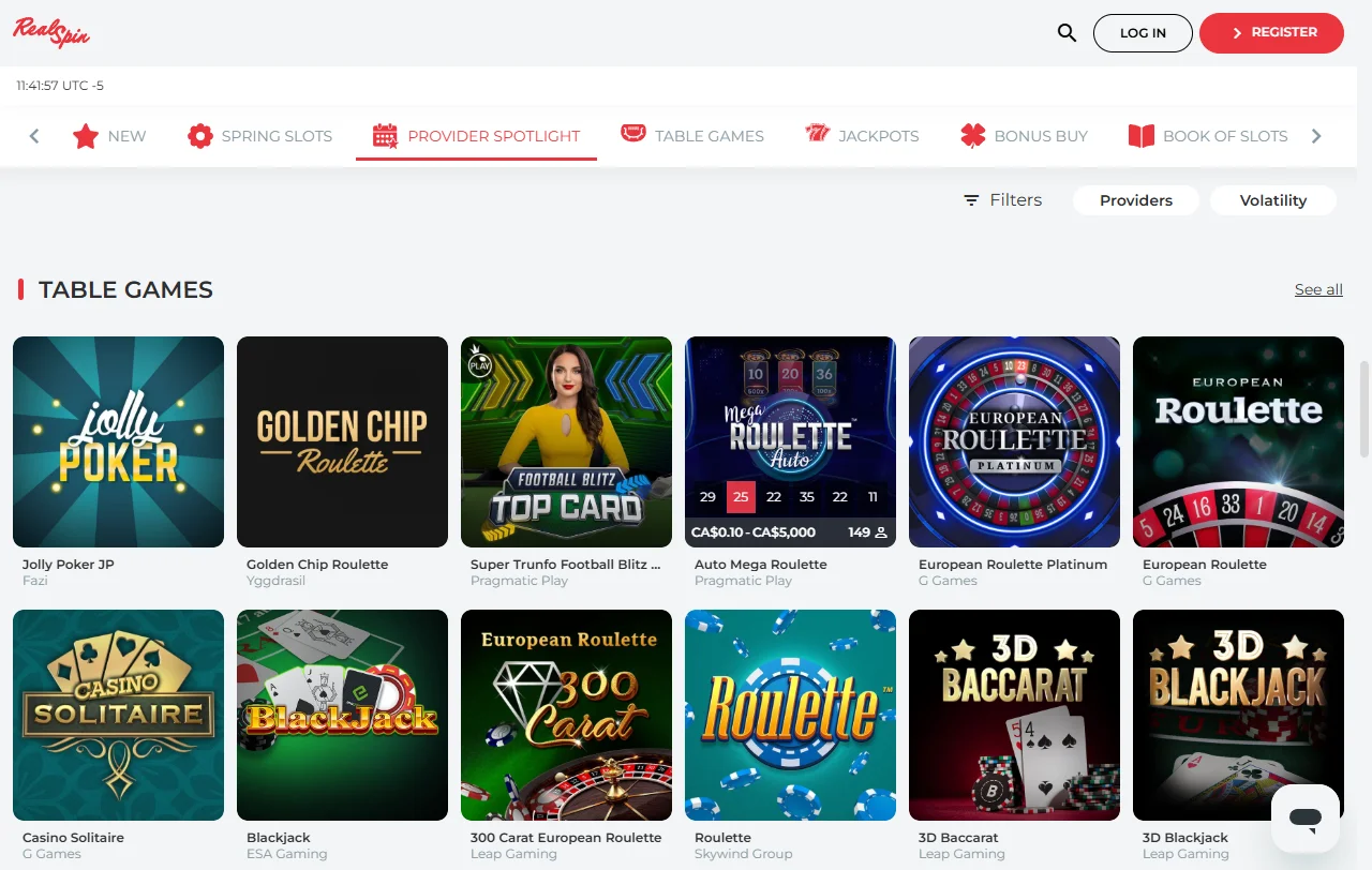 RealSpin Casino games library with slots and live dealer options