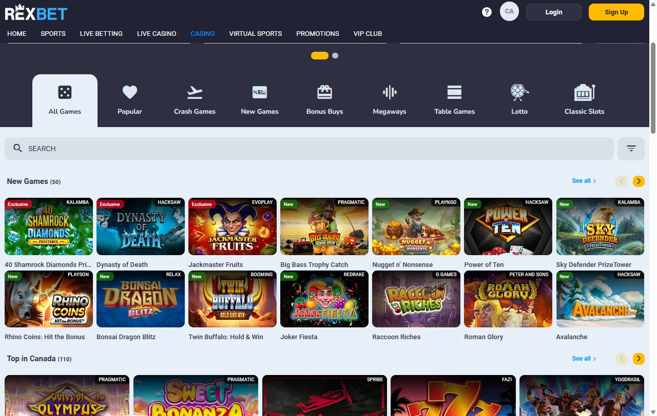 Rexbet Casino slots, tables, and live game selection