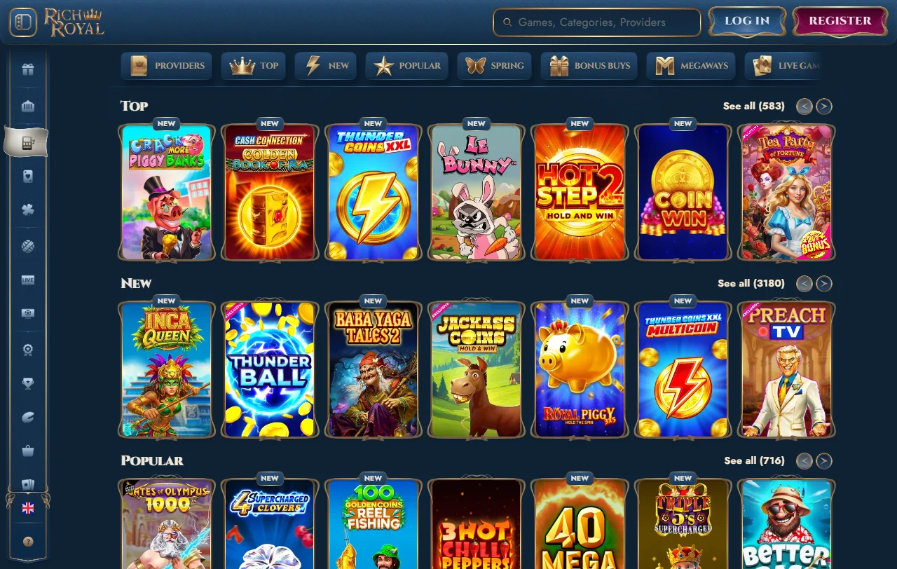 RichRoyal Casino analysis of slots, live tables, and provider mix