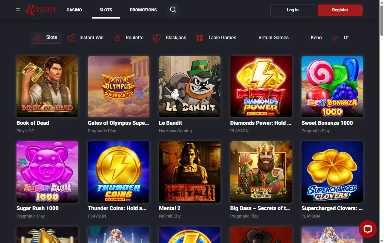 Riviera Casino games library with slots, tables and live action