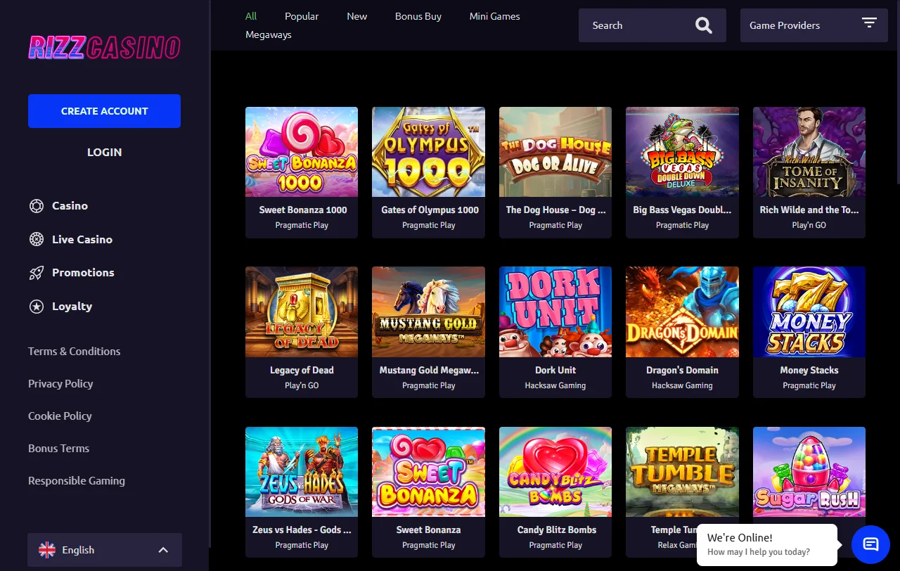 Rizz Casino games and entertainment library overview
