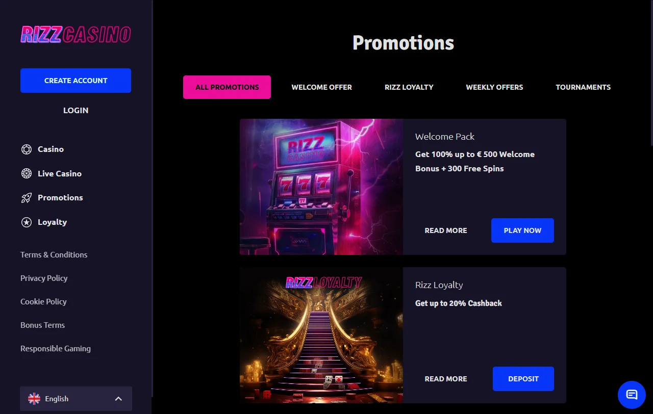 Rizz Casino bonus terms and welcome offer details
