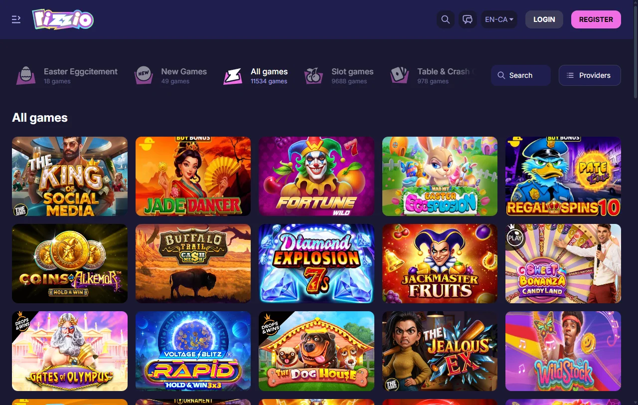 Rizzio Casino games library with 12,000-plus slots and live tables