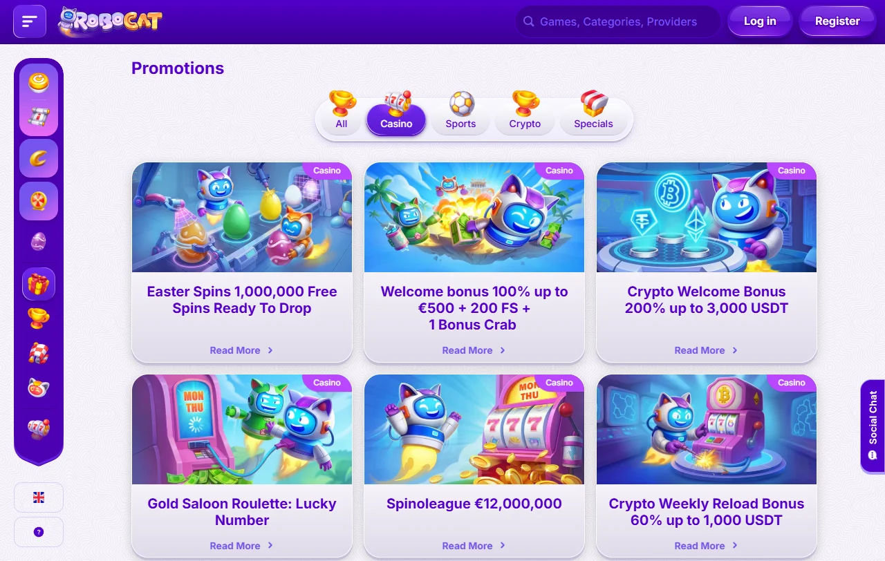 RoboCat Casino analysis of slots, live tables, and software variety