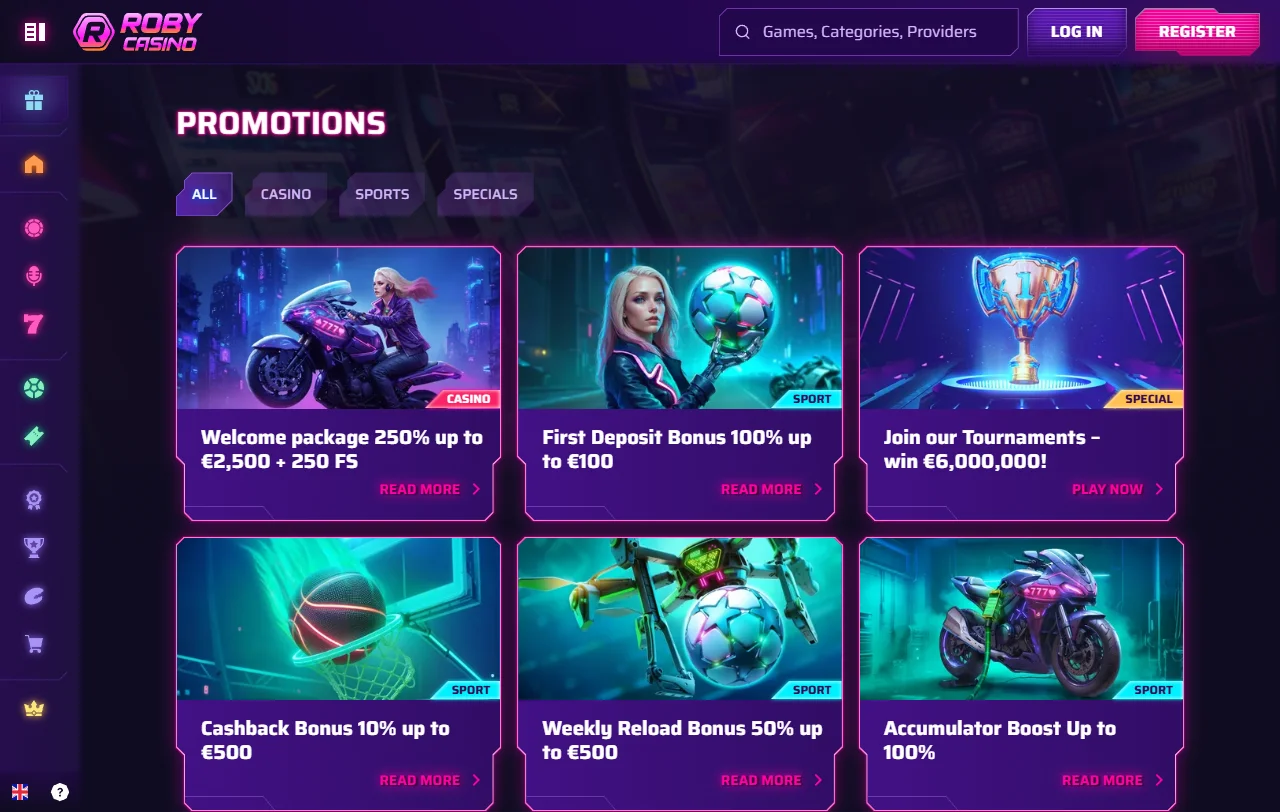 Roby Casino game library overview with slots, tables, and live content