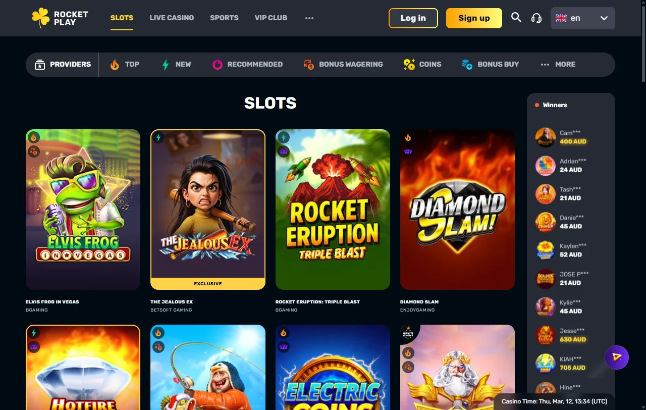 RocketPlay Casino game selection with live tables and slot variety