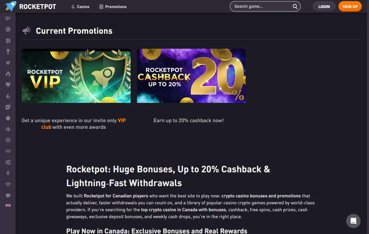 RocketPot Casino bonus and promotion summary for Canada