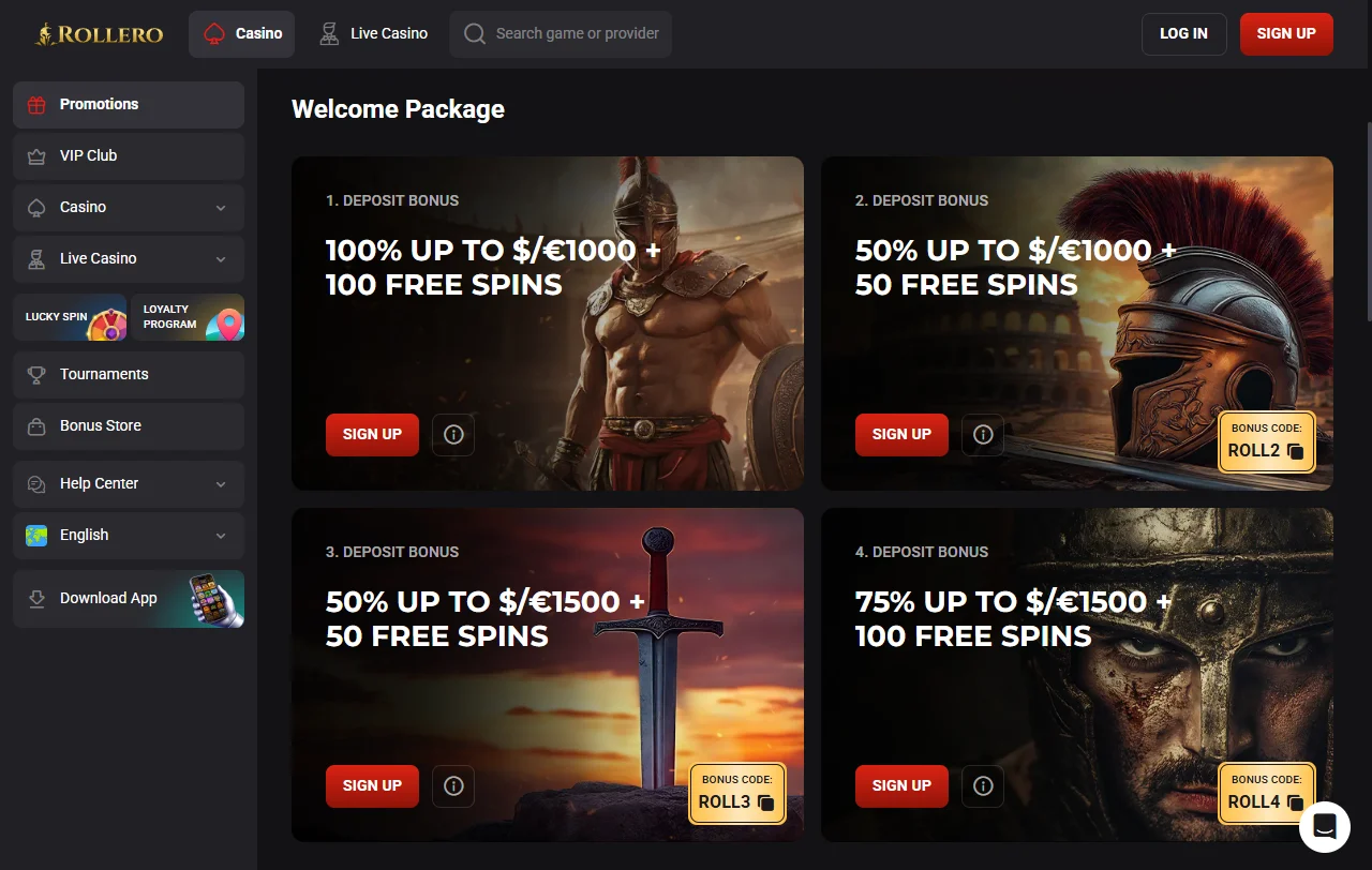 Rollero Casino game selection with slots and live dealer coverage