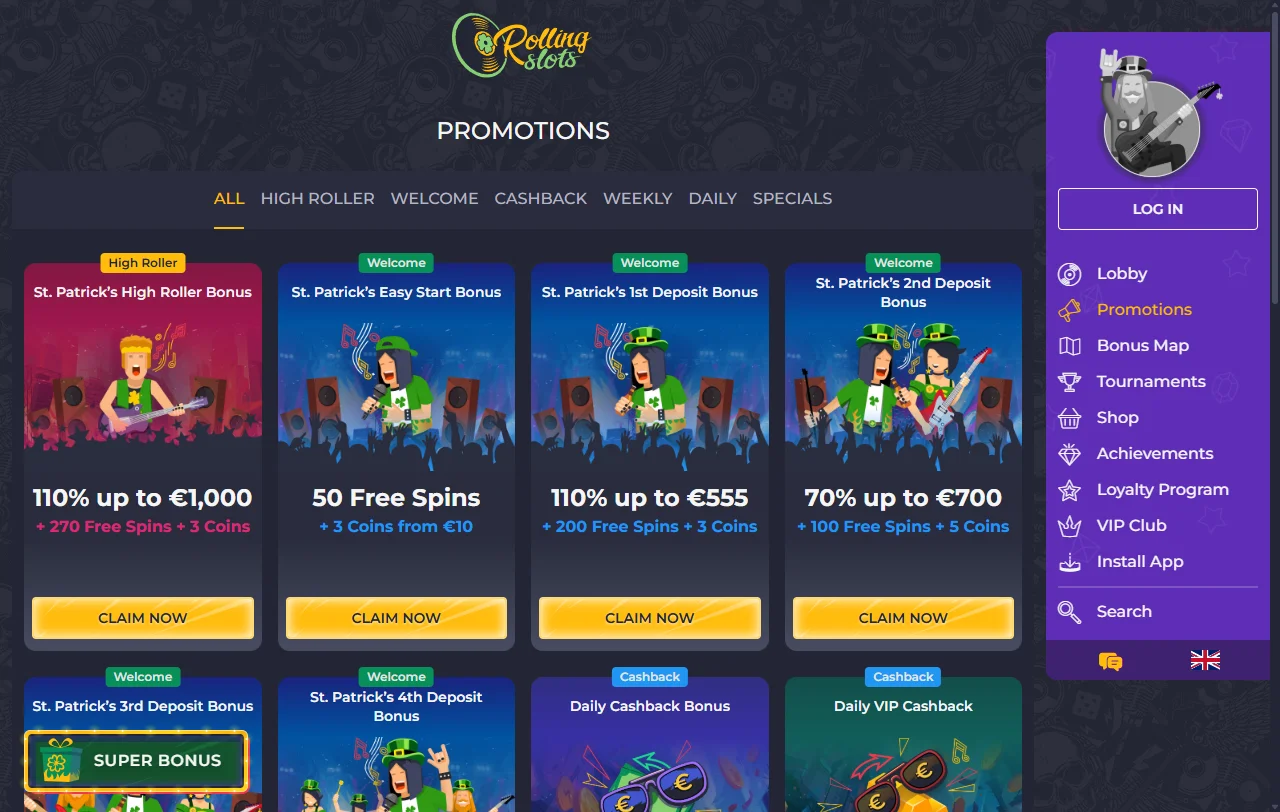 Rolling Slots Casino games library and slot selection
