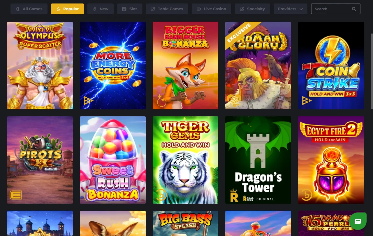 Royal Reels Casino games selection with slots, tables and live dealer options