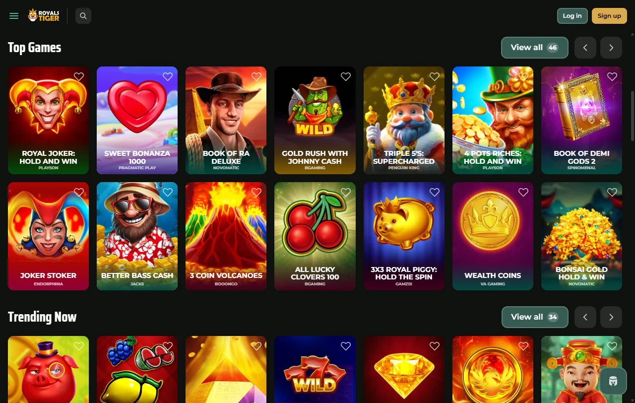 RoyalsTiger Casino game selection with slots and live dealer focus