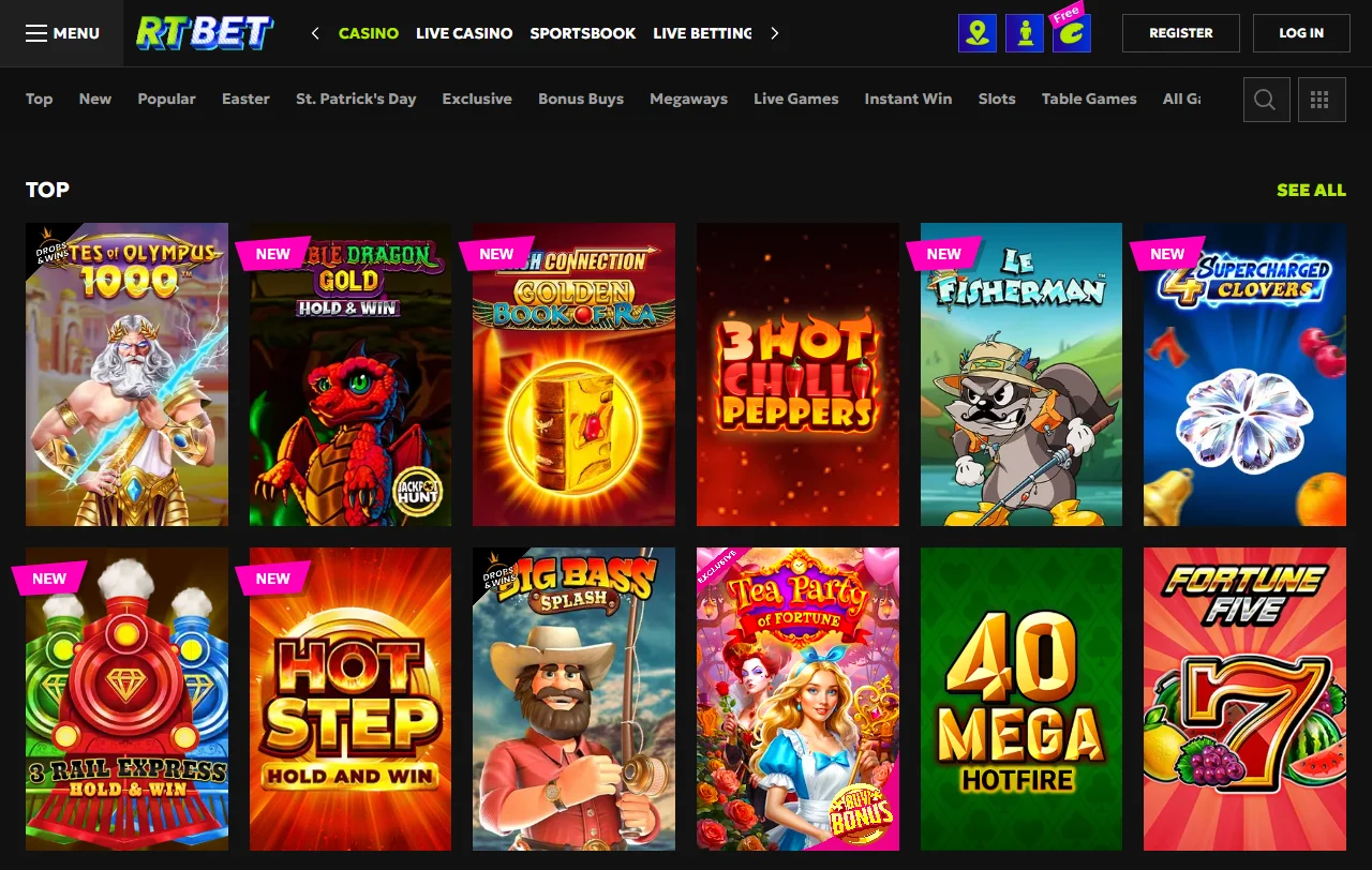 RT Bet Casino games coverage with slots, live tables, and variety