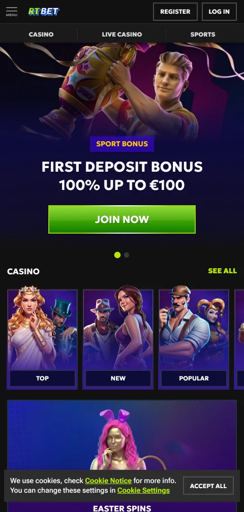 RT Bet Casino mobile access on phones with browser-based play