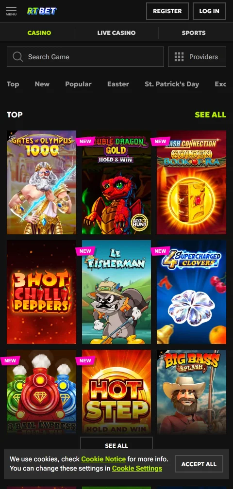RT Bet Casino deposits and withdrawals using common payment methods