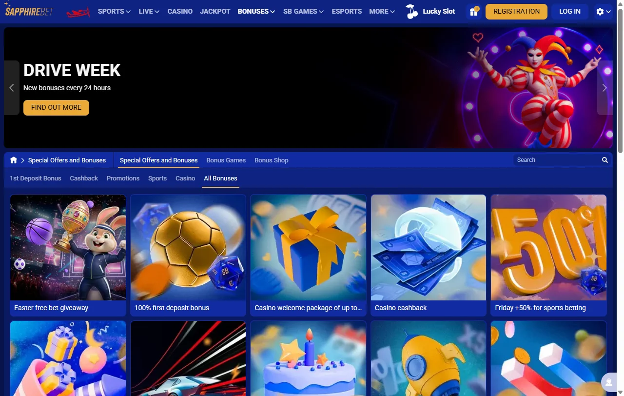 SapphireBet Casino game library overview with slots, tables, and live content