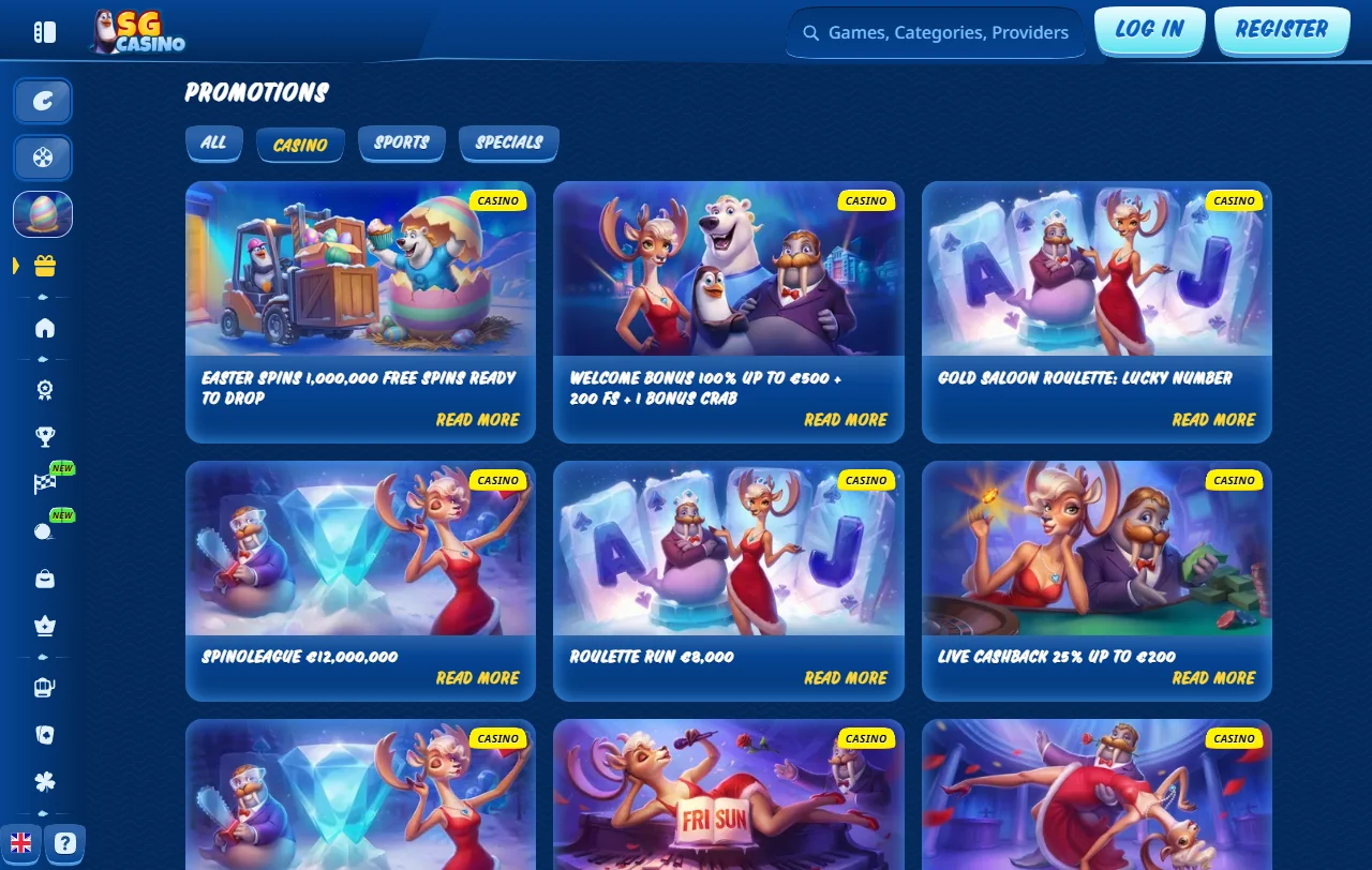 SG Casino games library with slots and live dealer options