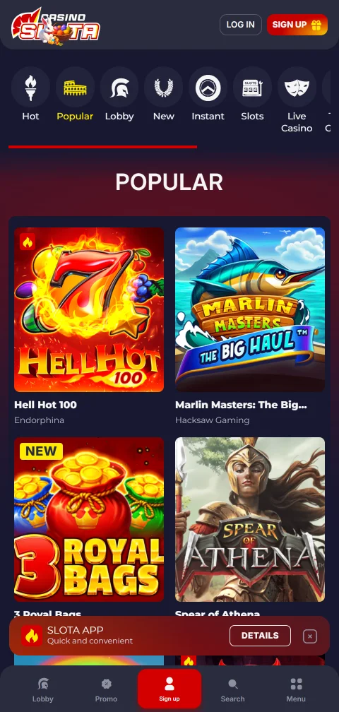 Slota Casino payment methods, deposits, and withdrawal options