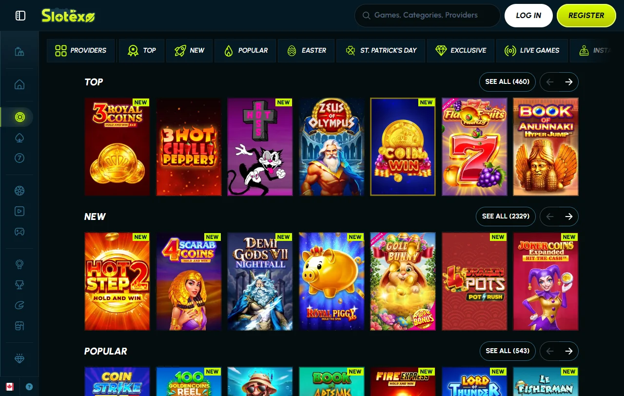Slotexo Casino game library with slots live tables and providers