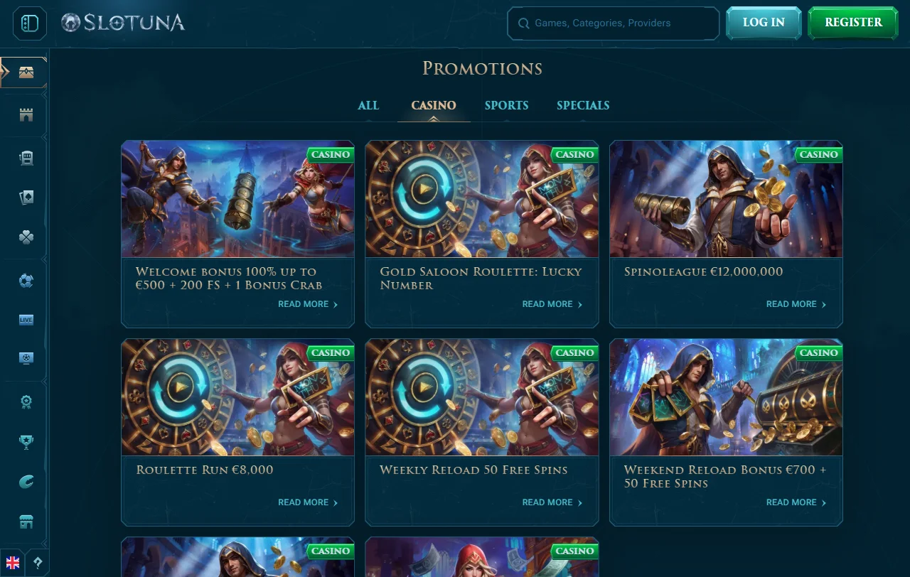 Slotuna Casino overview of slots, live tables, and software providers