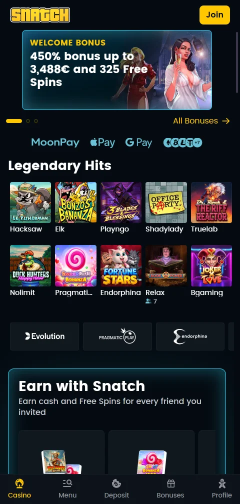 Snatch Casino mobile access with browser play for smartphone users