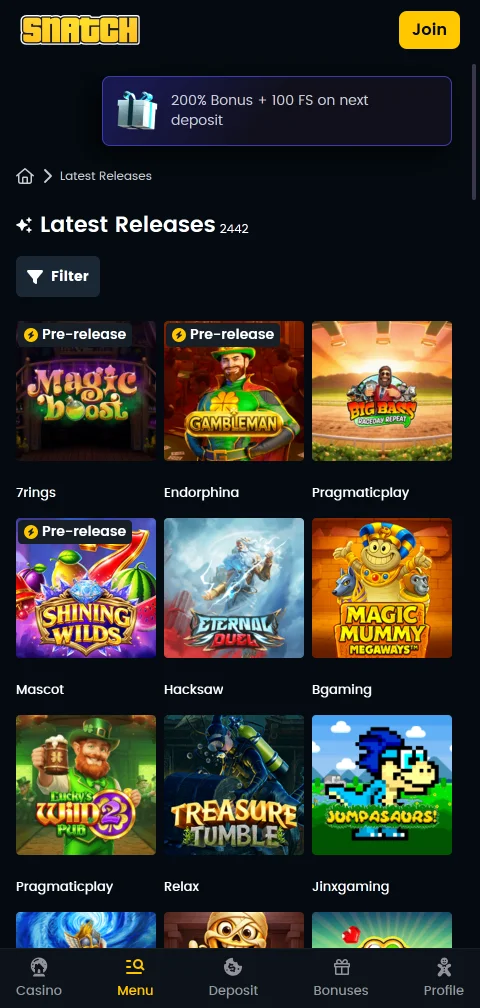Snatch Casino banking options showing deposits, withdrawals, and payment methods