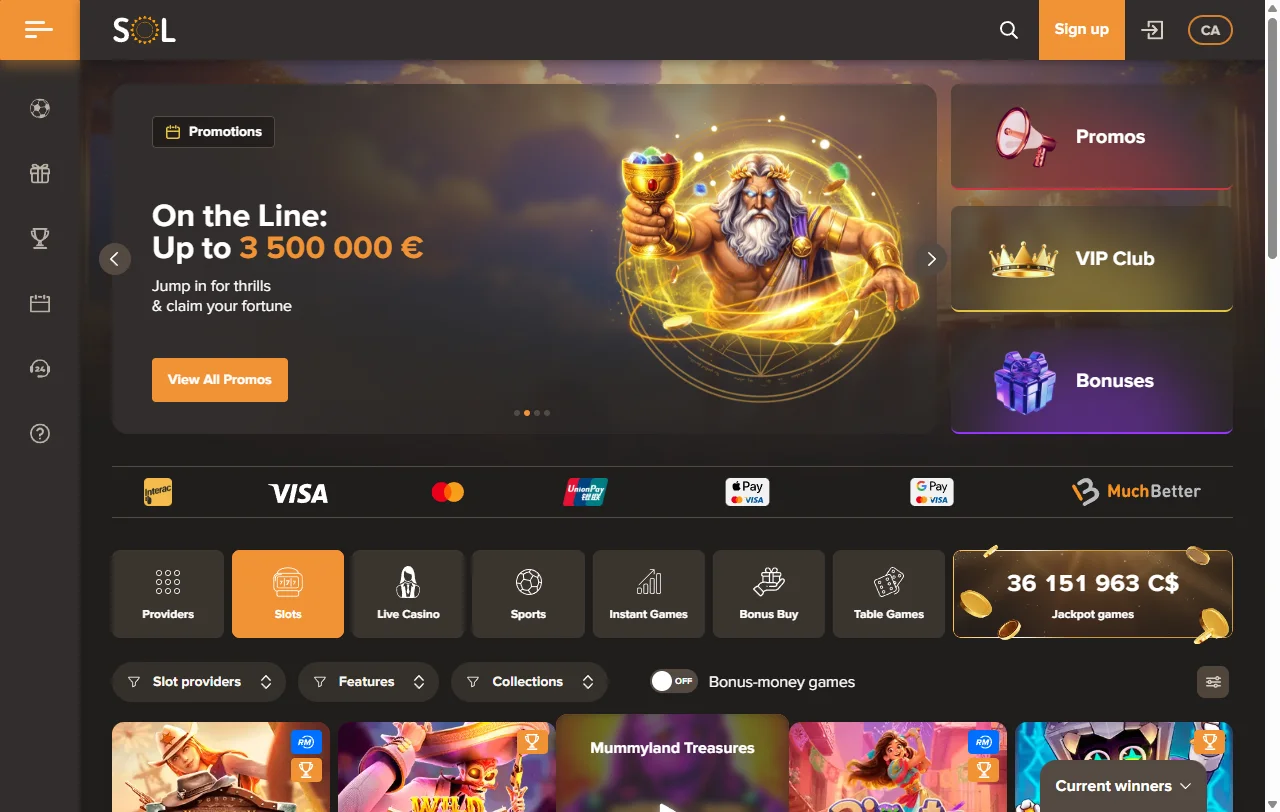 Sol Casino games library with slots and live tables