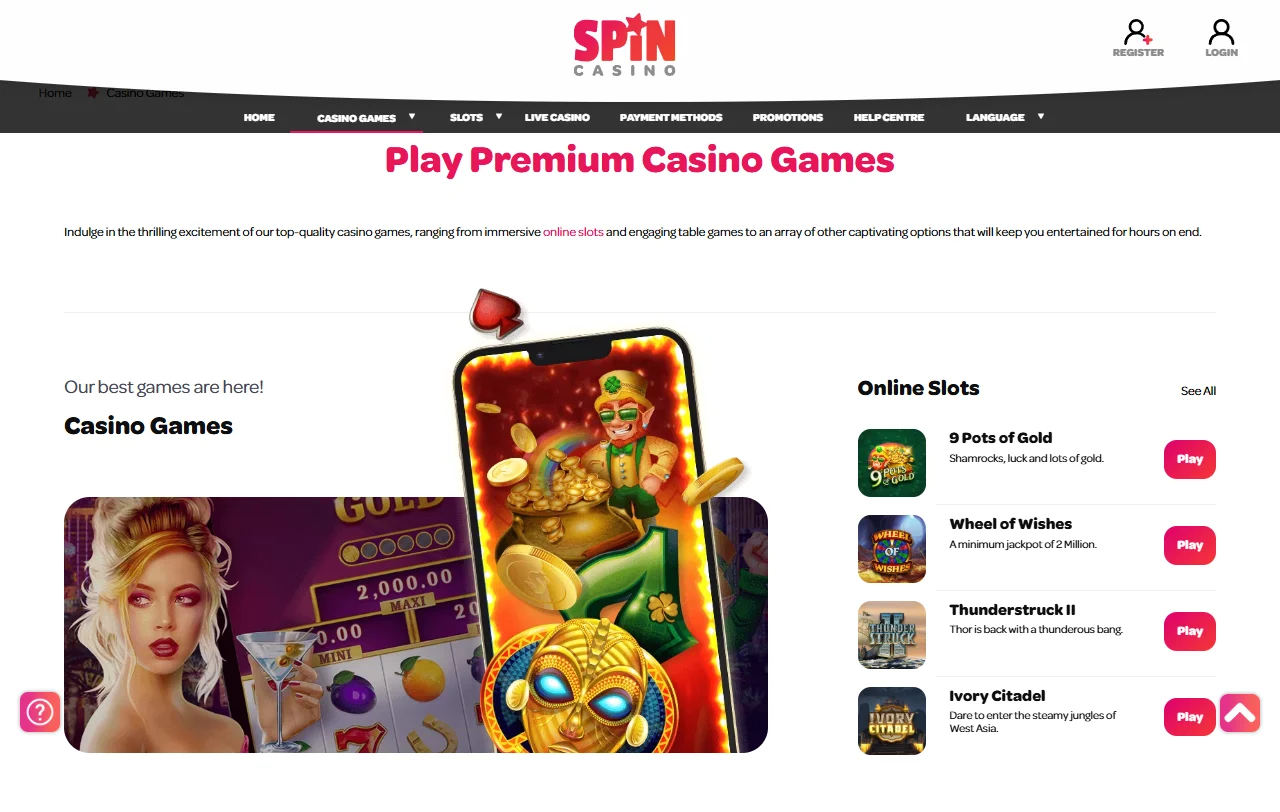 Spin Casino game selection with slots, live tables and providers