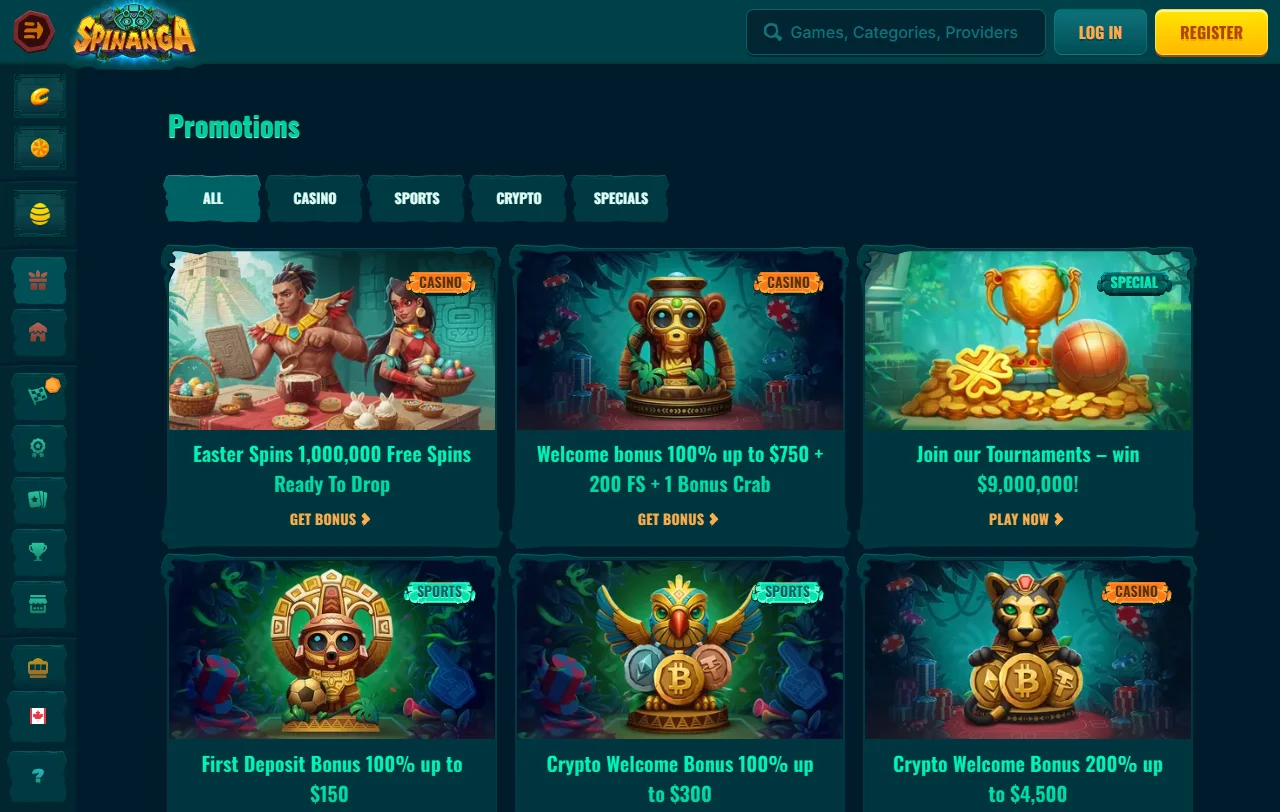 Spinanga Casino library overview with slots, live tables, and providers