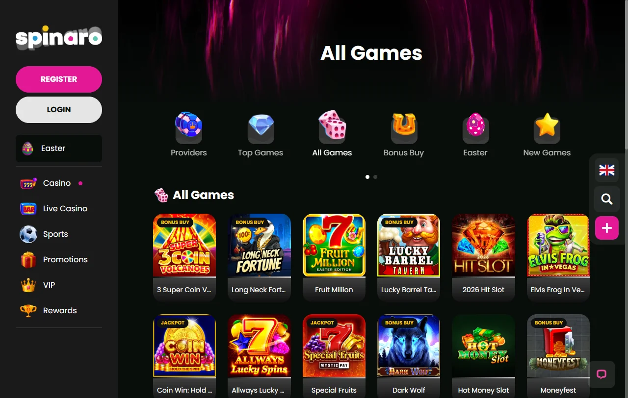 Spinaro Casino game selection and provider coverage summary