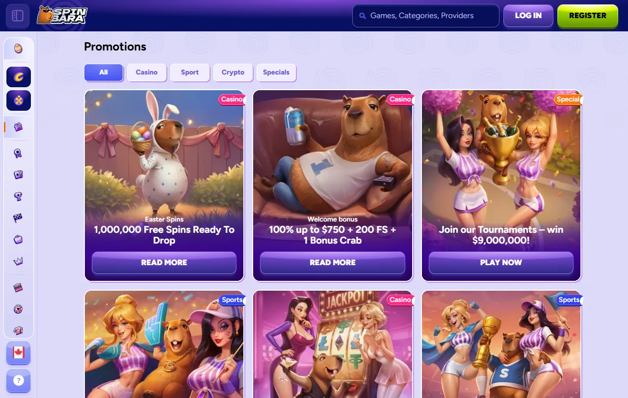 SpinBara Casino game library with slots, table games, and live dealer options