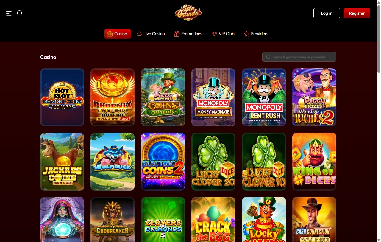 SpinGrande Casino games library with slots, live tables, and specialty titles