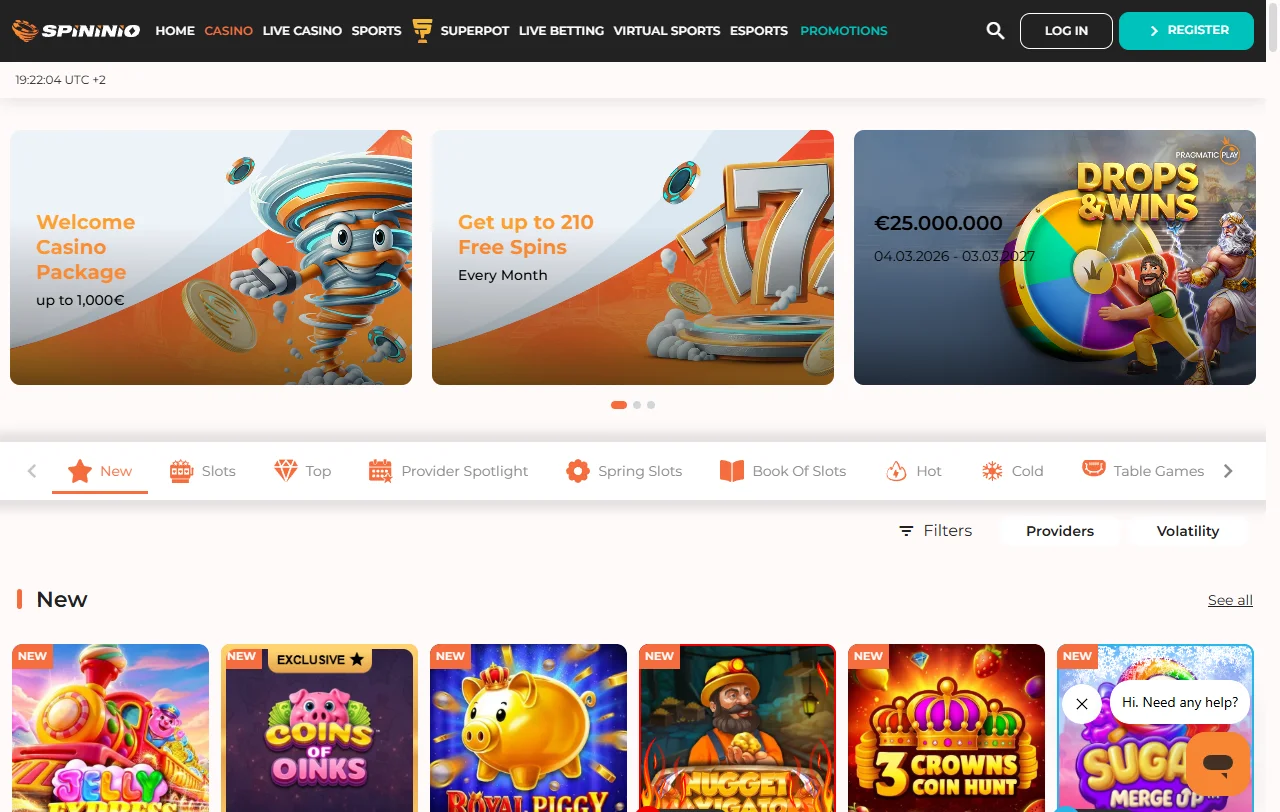 Spininio Casino overview of slots, live tables, and software providers