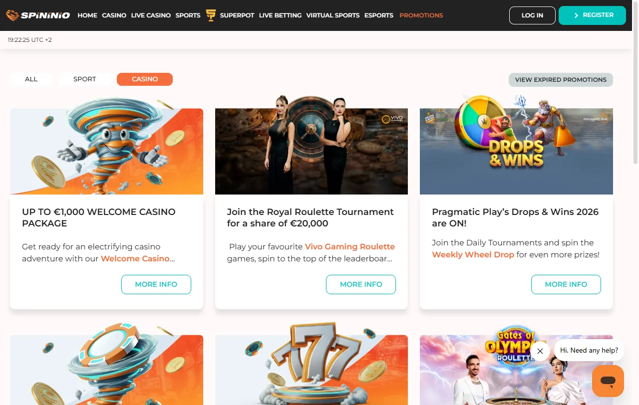 Spininio Casino bonuses and welcome offer details for Canada players