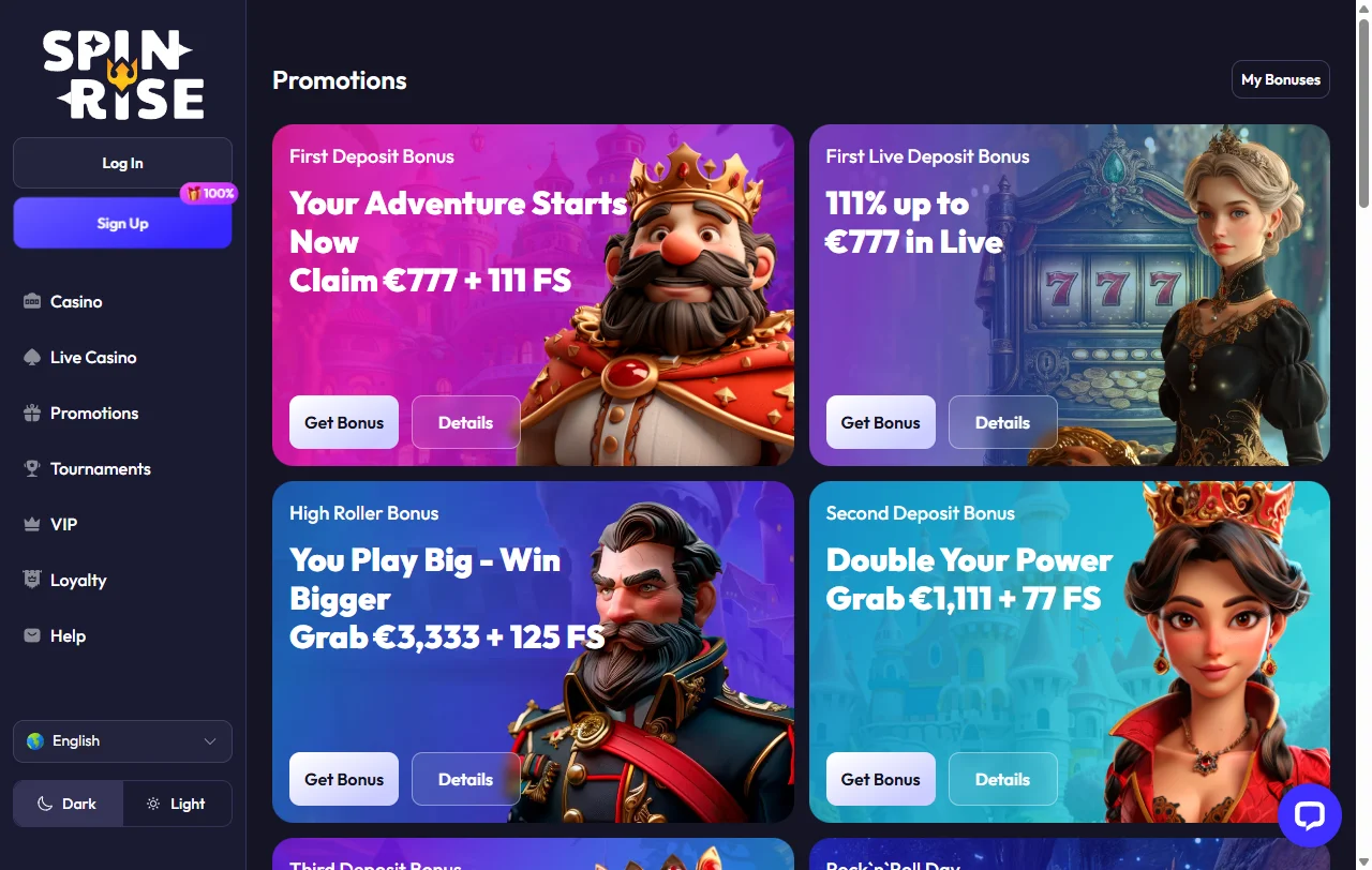 Spinrise Casino slots and live dealer range for Canada players