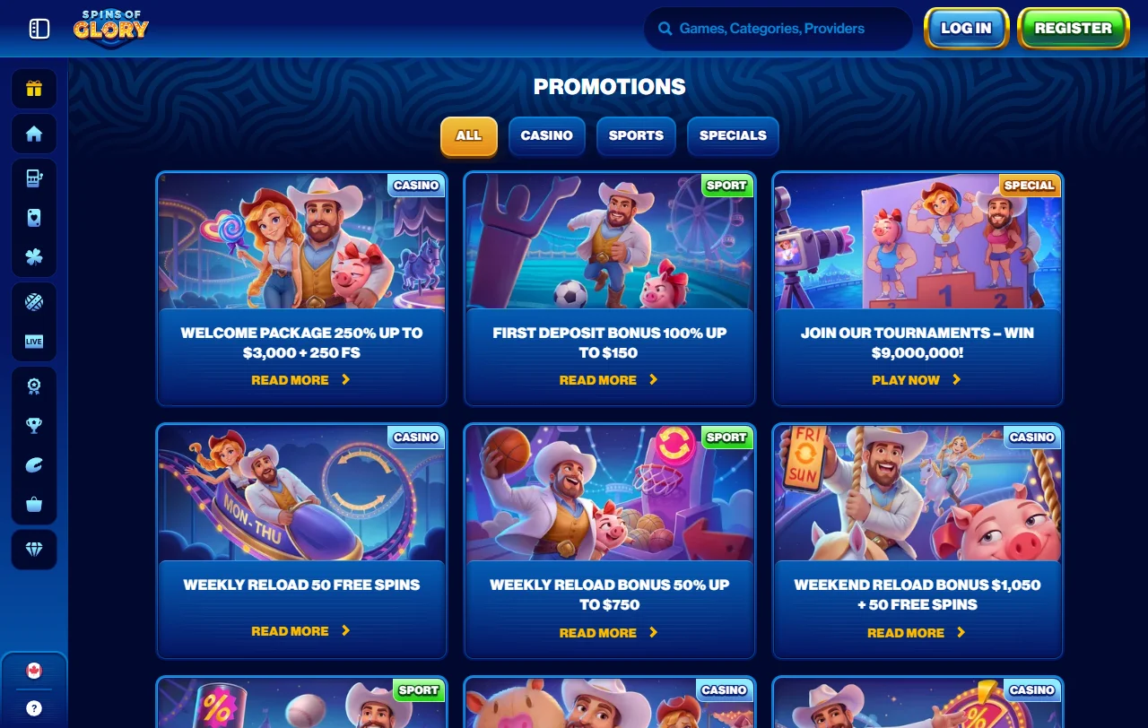 Spins of Glory Casino slots, live tables and provider mix